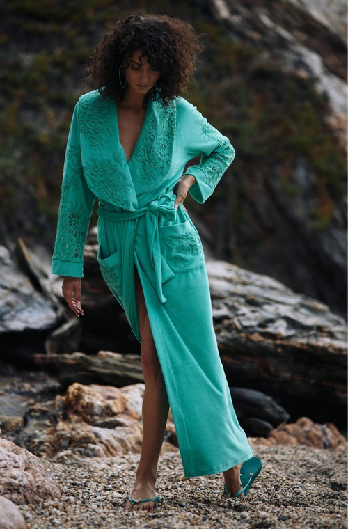Long bathrobe in green cotton fleece - Marjolaine - 1