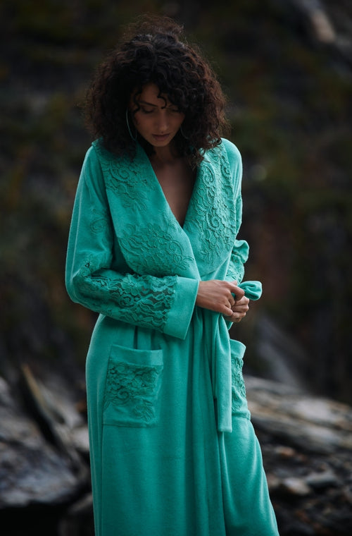 Long bathrobe in green cotton fleece - Marjolaine - 3