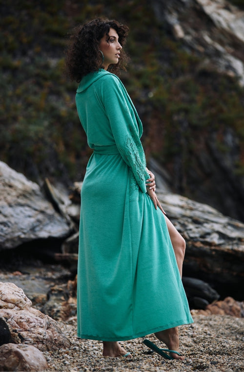 Long bathrobe in green cotton fleece - Marjolaine - 2