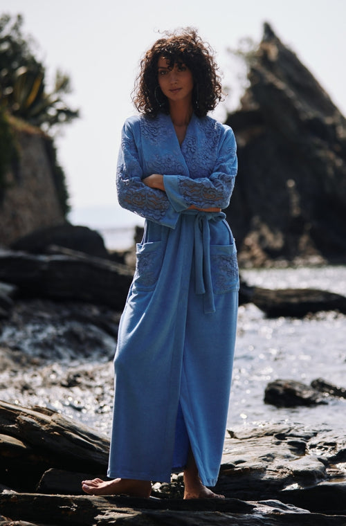 Long bathrobe in blue cotton fleece - Marjolaine - 1