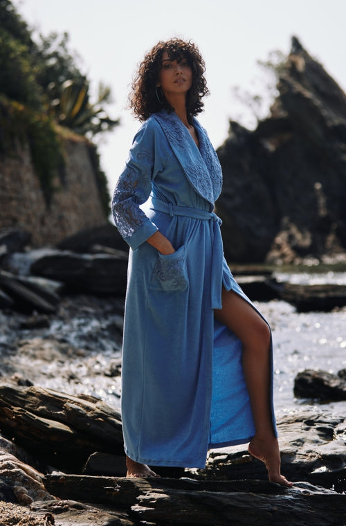 Long bathrobe in blue cotton fleece - Marjolaine - 2
