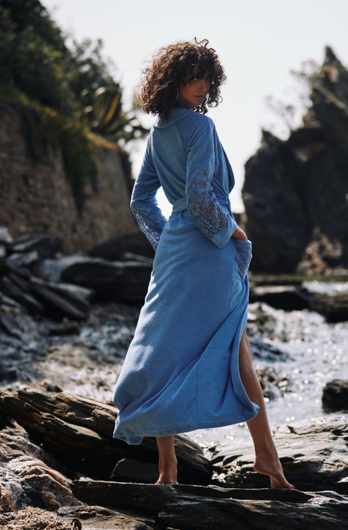 Long bathrobe in blue cotton fleece - Marjolaine - 3
