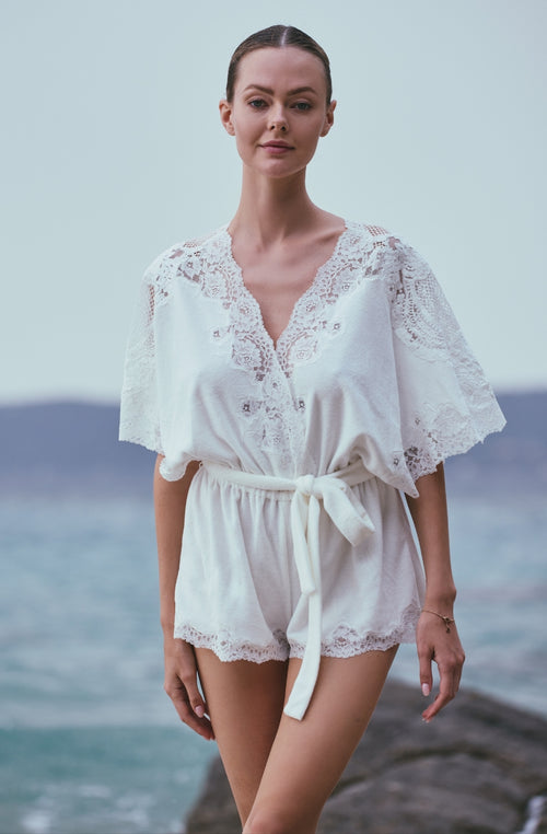 Angèle beach romper in white cotton fleece and lace - Marjolaine - 3