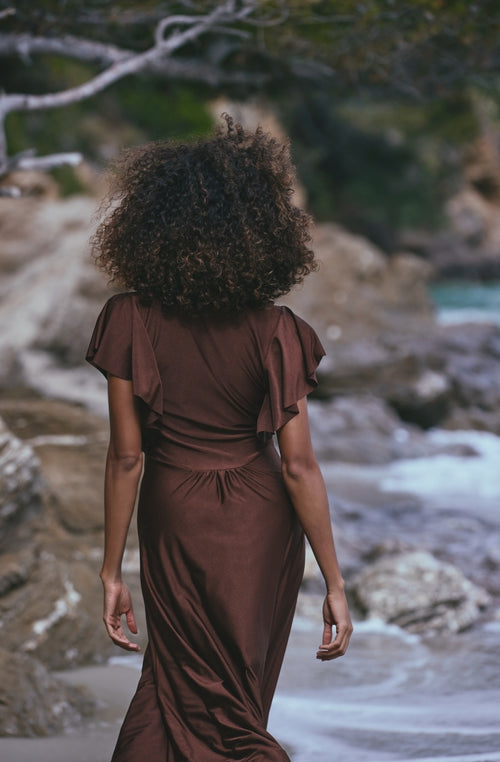 Long beach dress Ambre in brown draped mesh - Marjolaine - 3