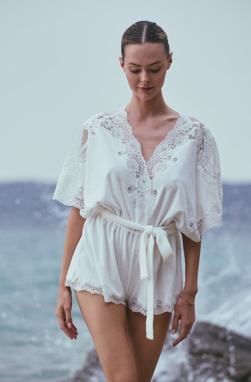 Angèle beach romper in white cotton fleece and lace - Marjolaine - 1