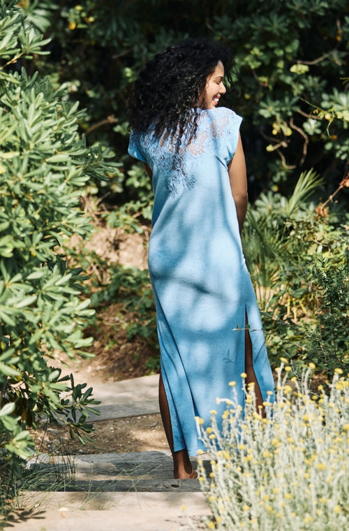 Long bathing dress in blue cotton fleece - Marjolaine - 2