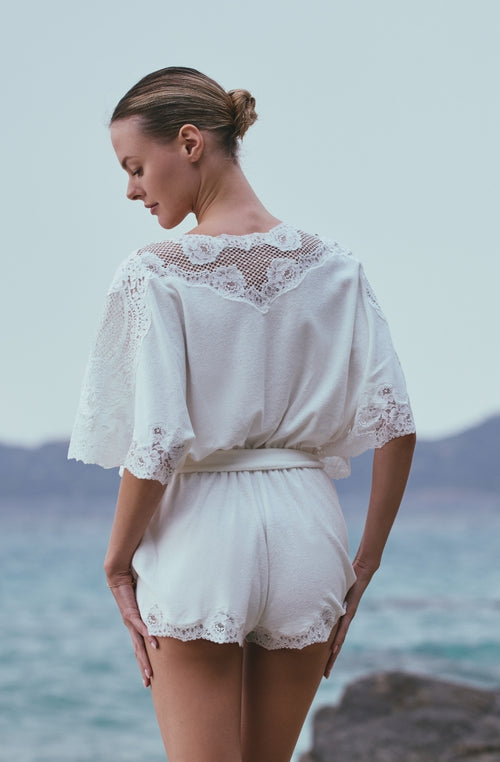 Angèle beach romper in white cotton fleece and lace - Marjolaine - 2