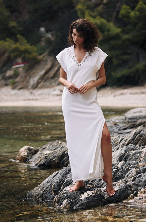 Long bathing dress in white cotton fleece - Marjolaine - 3