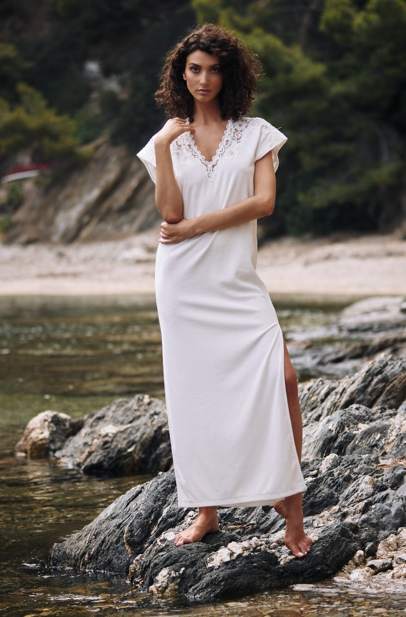 Naturel Long bathing dress in white cotton fleece - Marjolaine