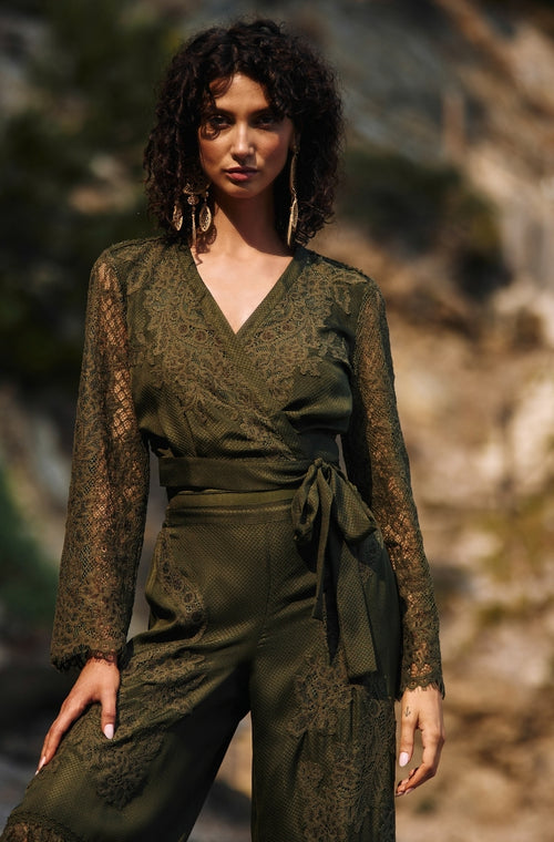 Short jacket in green silk and lace - Marjolaine - 1