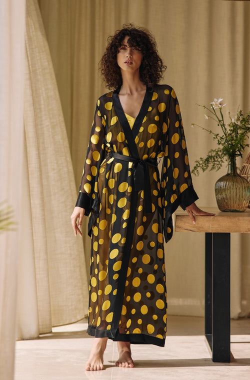 Long kimono in chiffon with yellow polka dot - Marjolaine - 1