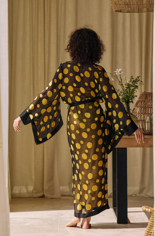 Kimono long en mousseline de soie à pois jaune - Marjolaine - 2