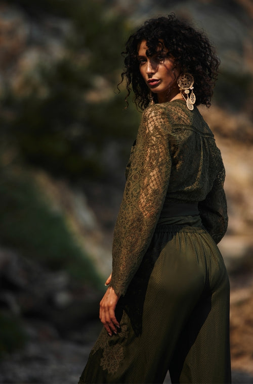Short jacket in green silk and lace - Marjolaine - 2