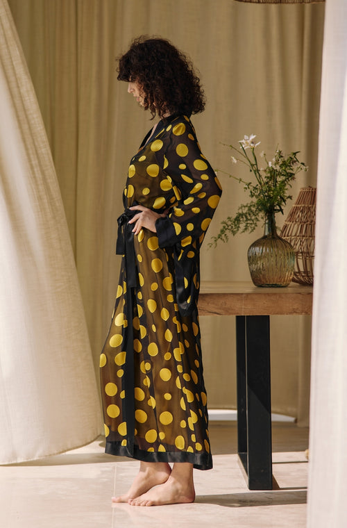 Kimono long en mousseline de soie à pois jaune - Marjolaine - 3