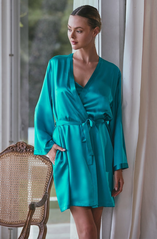 Short negligee Tracy in turquoise silk - Marjolaine - 3