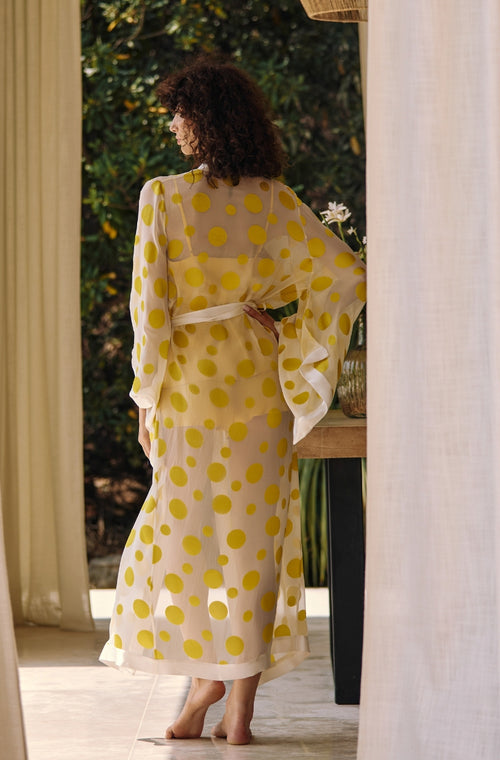 Kimono long en mousseline de soie à pois jaune - Marjolaine - 2