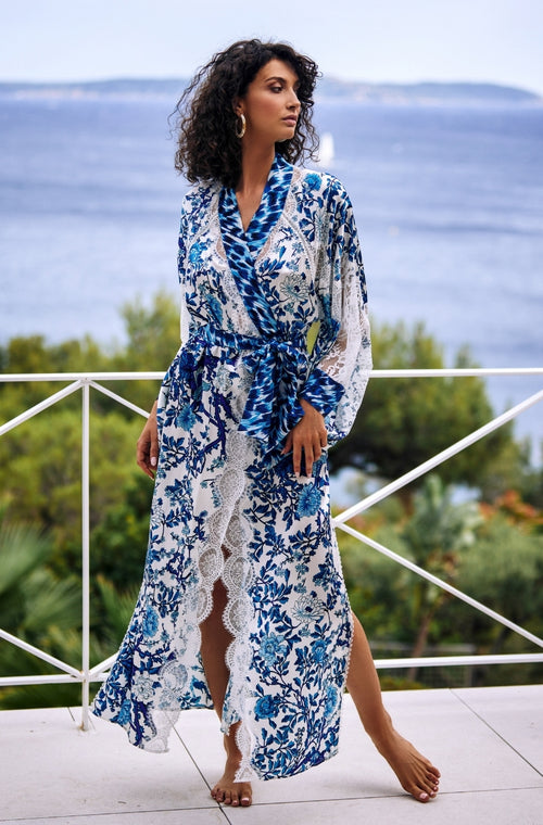 Kimono long en soie imprimée et dentelle blanche - Marjolaine - 2