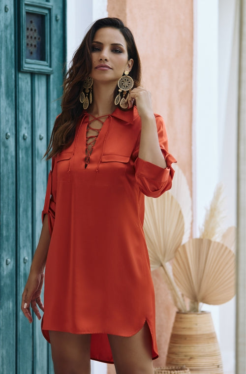 Shirt dress in orange silk - Marjolaine - 1
