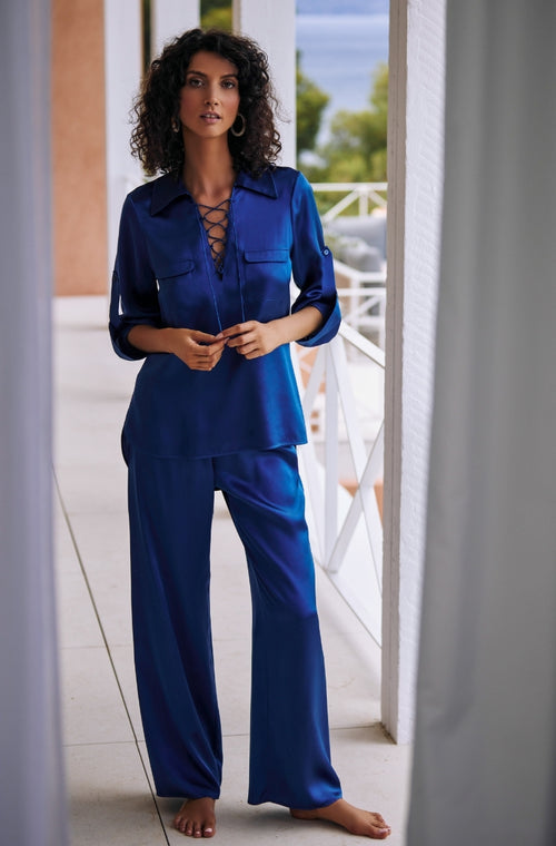 Pajama set in blue silk - Marjolaine - 1