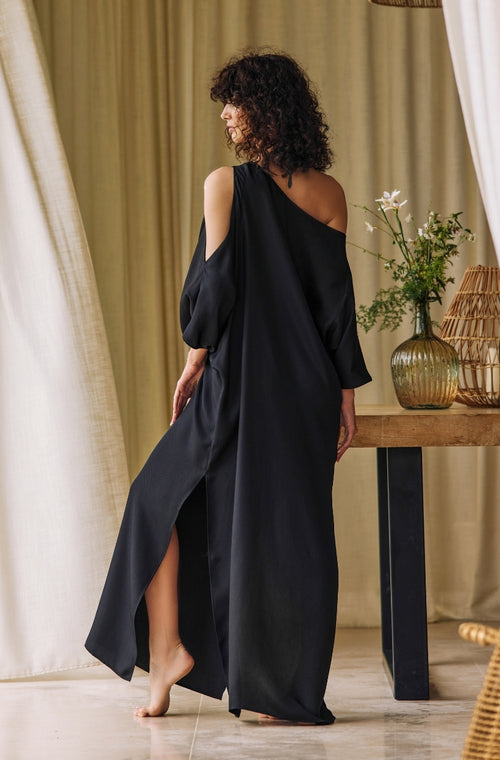 Robe longue en soie gaufrée noire - Marjolaine - 2