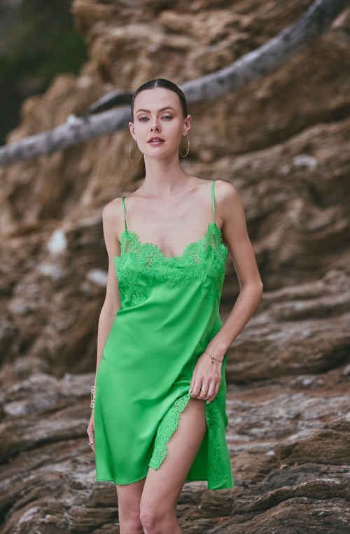 Apolline green silk nightie with neckline and slit adorned with lace - Marjolaine - 1