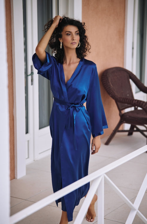 Long negligee in blue silk - Marjolaine - 1