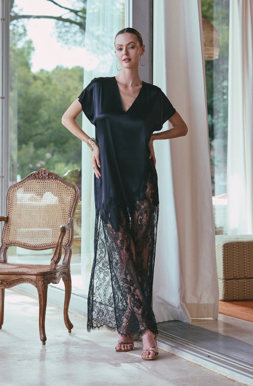 Long nightgown Angèle in black silk and lace - Marjolaine - 3