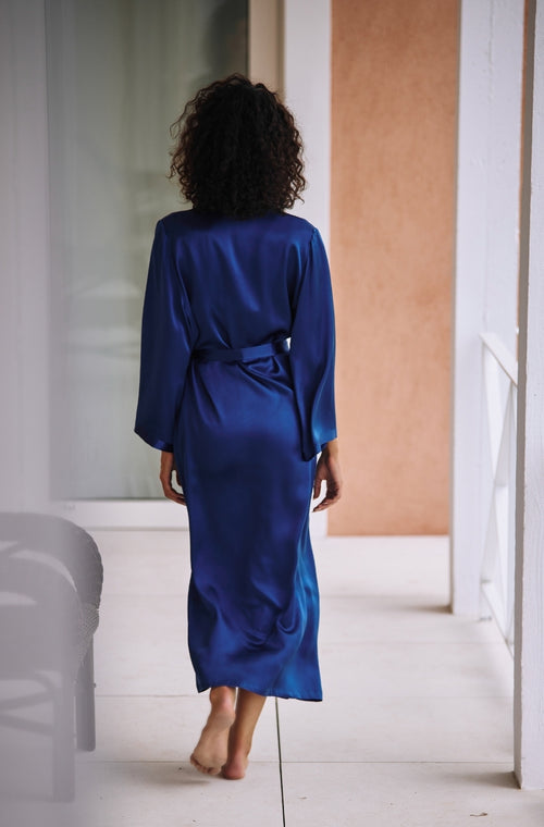 Long negligee in blue silk - Marjolaine - 2