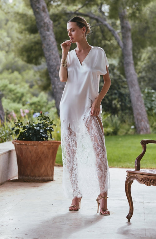 Chemise de nuit longue Angèle en soie et dentelle blanche - Marjolaine - 1