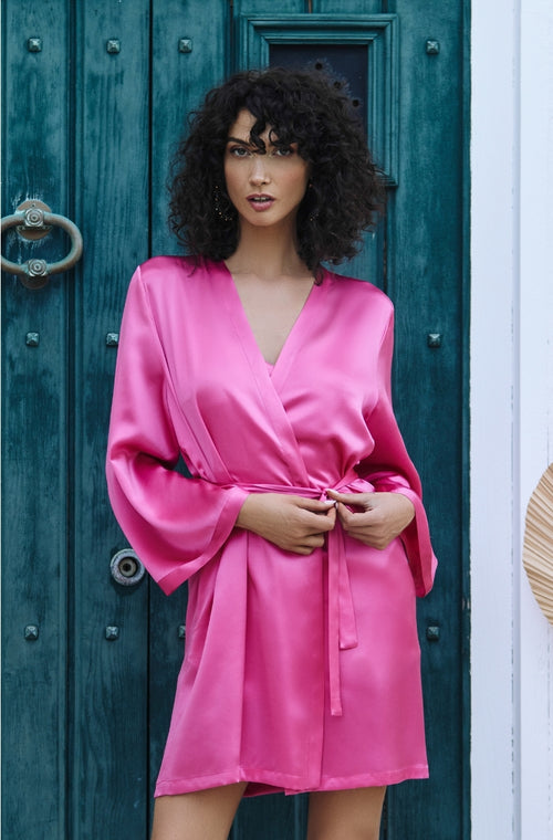 Short negligee in pink silk - Marjolaine - 1