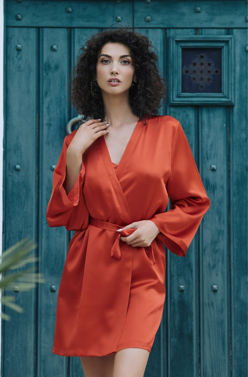 Short negligee in orange silk - Marjolaine - 3