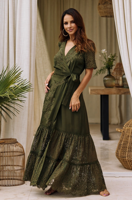 Long dress in green silk and lace - Marjolaine - 1