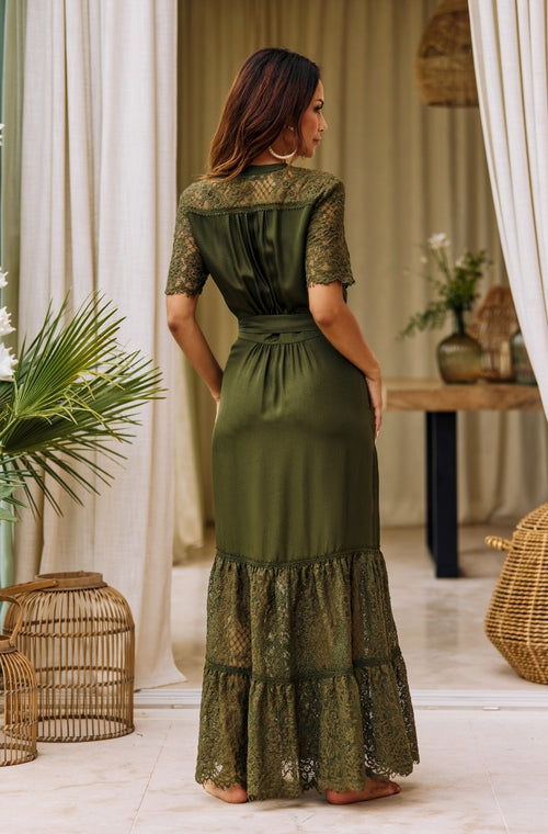 Long dress in green silk and lace - Marjolaine - 2