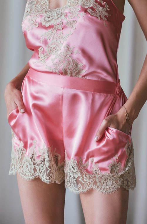 Artémis shorts in pink silk trimmed with linen lace - Marjolaine - 4