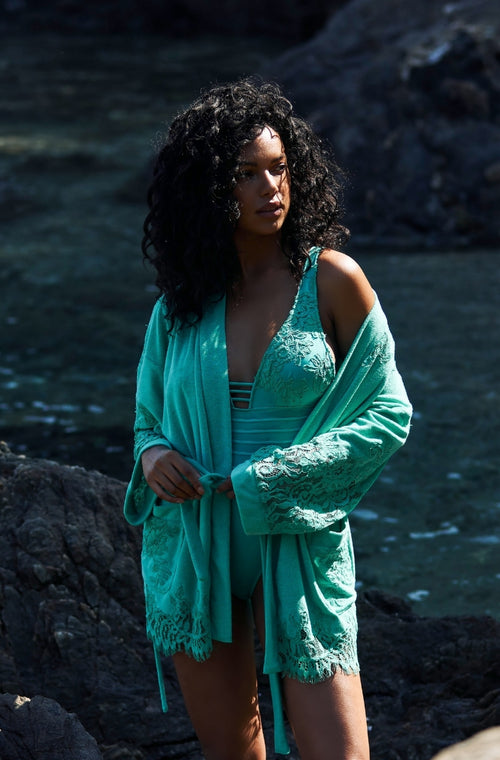 Short bathrobe in green cotton fleece - Marjolaine - 3