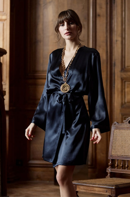 Short negligee in black silk - Marjolaine - 1