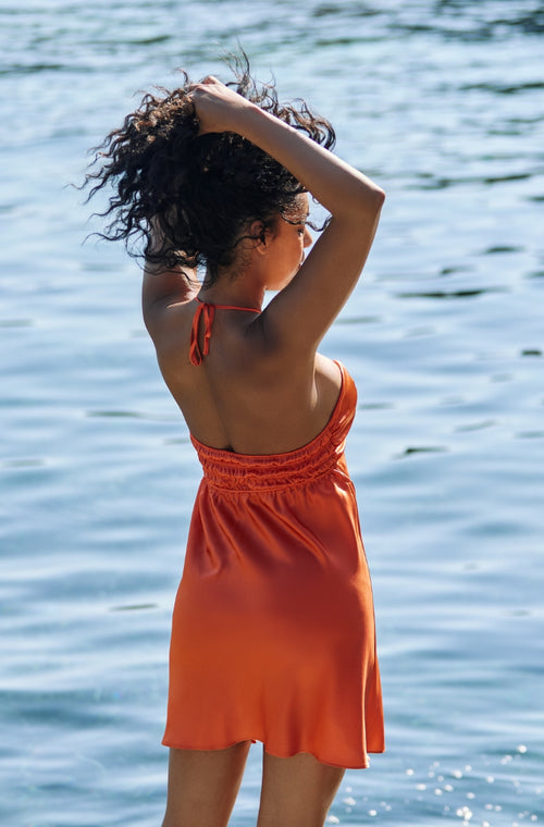 Short babydoll dress in orange silk - Marjolaine - 2
