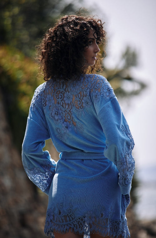 Short bathrobe in blue cotton fleece - Marjolaine - 1