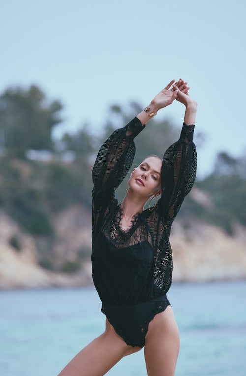 Body shirt Angèle in black mesh and lace - Marjolaine - 2