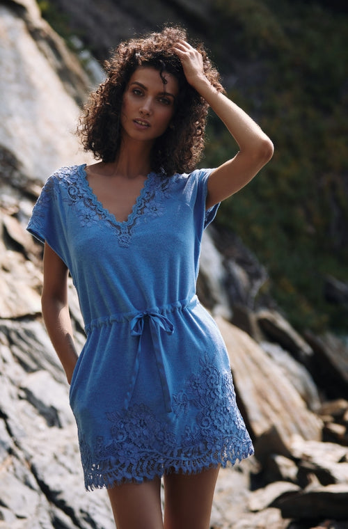 Short bathing dress in blue cotton fleece - Marjolaine - 1