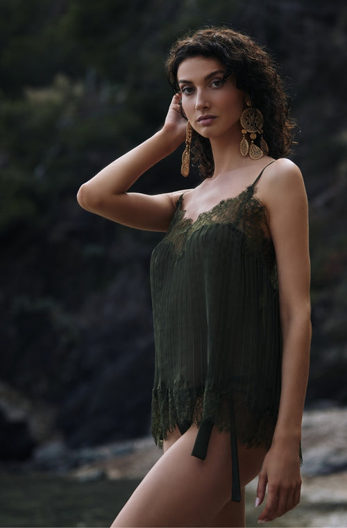 Pleated chiffon camisole with green lace - Marjolaine - 3