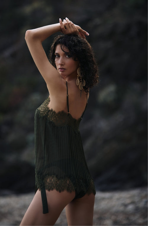 Pleated chiffon camisole with green lace - Marjolaine - 2