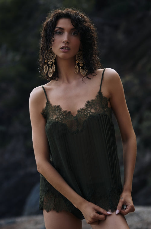 Pleated chiffon camisole with green lace - Marjolaine - 1
