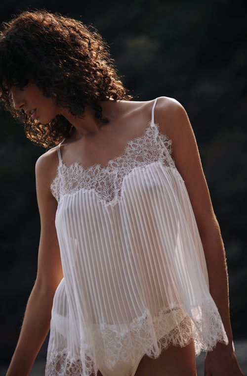Pleated chiffon camisole with white lace - Marjolaine - 1