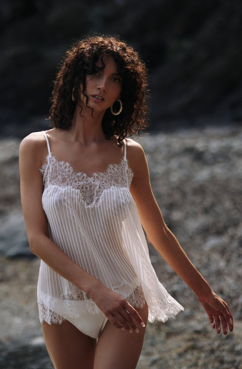 Pleated chiffon camisole with white lace - Marjolaine - 3