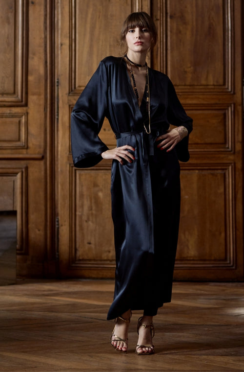 Long negligee in black silk - Marjolaine - 2