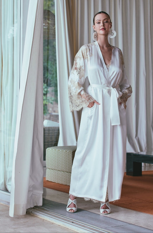 Long negligee Apolline in white silk adorned with beige lace - Marjolaine - 4