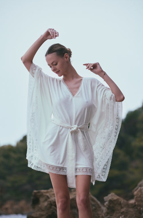 Angèle beach tunic in white cotton fleece and lace - Marjolaine - 1