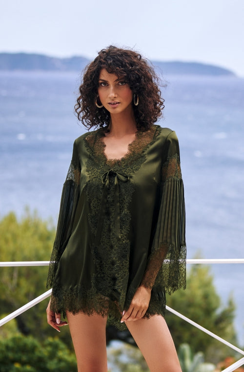 Short negligee in green pleated chiffon and lace - Marjolaine - 3