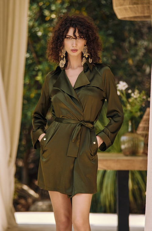 Trench coat in green silk - Marjolaine - 1